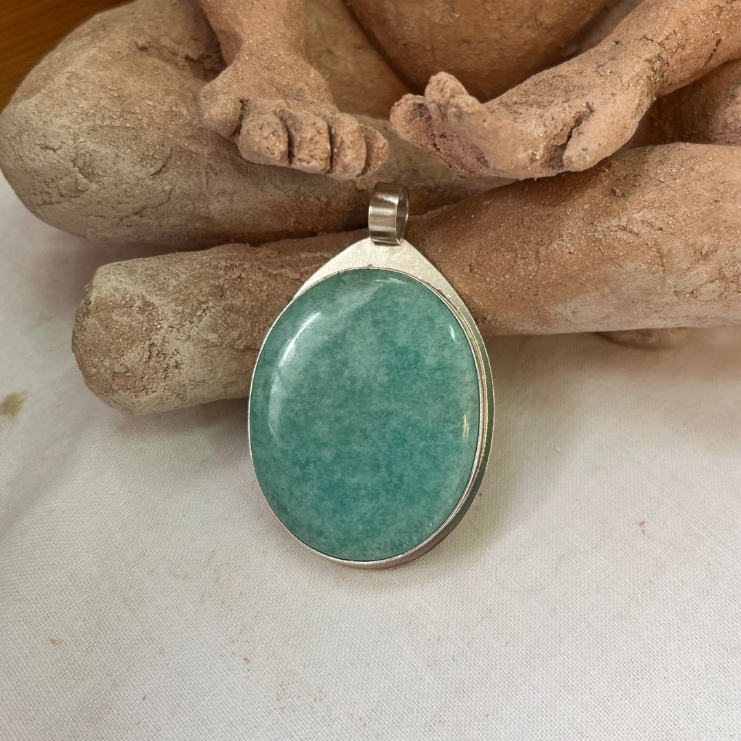 Colgante de plata de ley con amazonita natural y Semilla de la Vida grabada en la parte posterior pieza única artesanal
